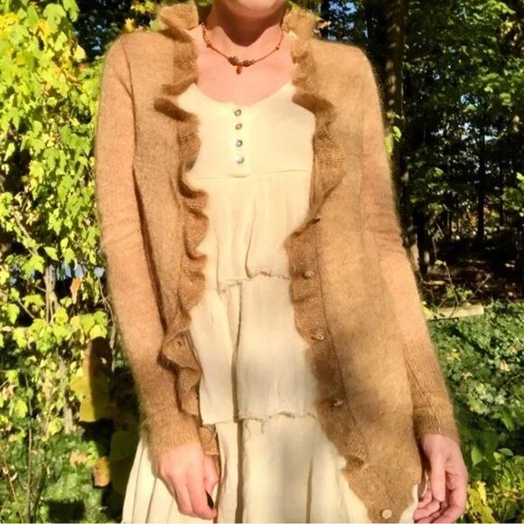J. Crew X-Small Mohair Blend Fairy Academia Ruffle Cardigan Camel - Picture 1 of 9